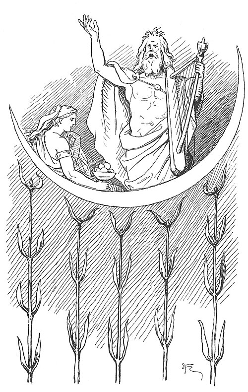 黄金の林檎を持つ女神イズン(詩神ブラギとともに描かれる場面)