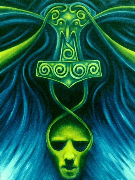 ミョルニルと人間の顔をモチーフにした現代アート風の絵画