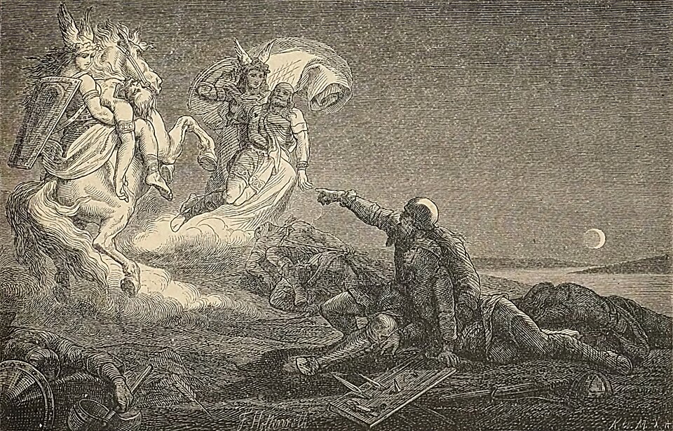 ワルキューレが戦死者をヴァルハラへ運ぶ場面